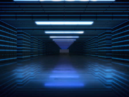 Long dark corridor interior with futuristic light. 3D rendering