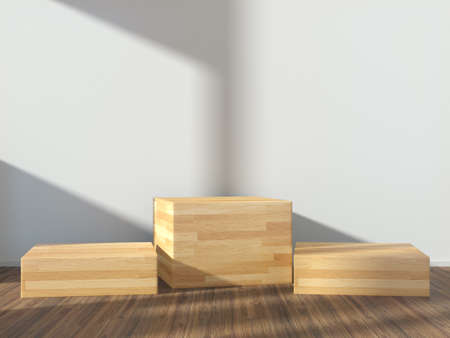 Wooden pedestal for display,Platform for design,Blank product stand with empty room.3D rendering.の写真素材