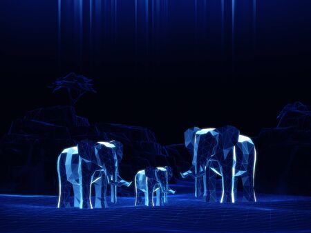 Wireframe of 3d model low polygon  Elephants, deer, giraffe.3D renderingの写真素材