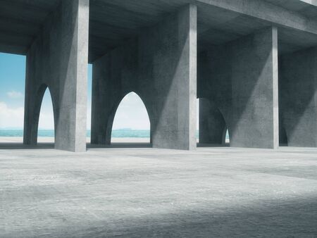 Concrete corridor,Abstract structure,Product showcase background with The sea background.3D renderingの写真素材