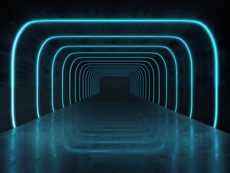 Long dark corridor interior with futuristic light. 3D renderingの写真素材