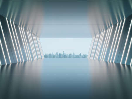Empty room, Product showcase background, Long corridor with light glow and city background.3D renderingの写真素材