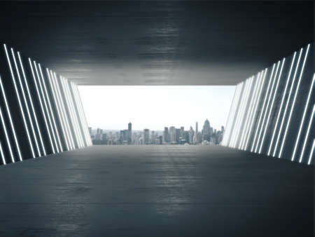Empty room, Product showcase background, Long corridor with light glow and city background.3D rendering.の写真素材
