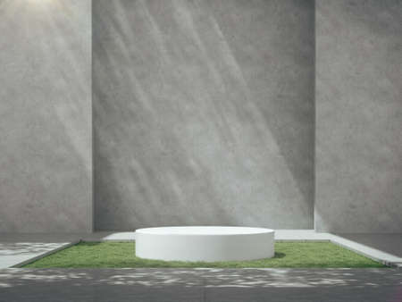 White pedestals for product show in white room with grass on ground.3d rendering.