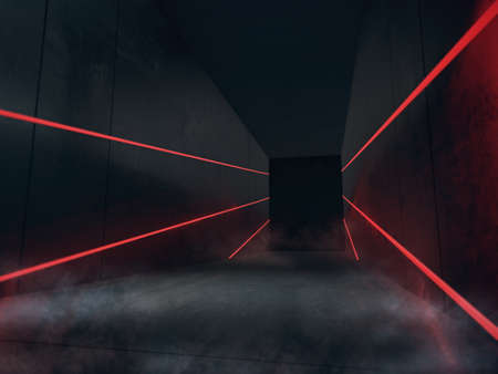 Empty space for products show in dark room with Neon lights. 3d rendering.の写真素材