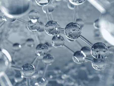 Abstract atom or molecule structure design, atom or molecule made of glass material. 3D rendering.