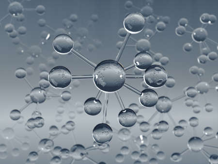 Abstract atom or molecule structure design, atom or molecule made of glass material. 3D rendering.