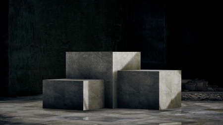 Concrete pedestal for product show in dark room. 3d rendering.の写真素材
