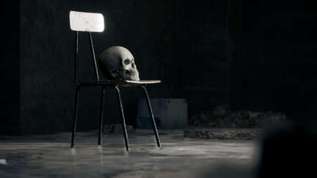 Skull human on chair in dark room. 3d rendering.の写真素材