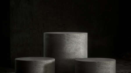 Concrete pedestal for product show in dark room. 3d rendering.の写真素材