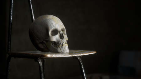 Skull human on chair in dark room. 3d rendering.の写真素材