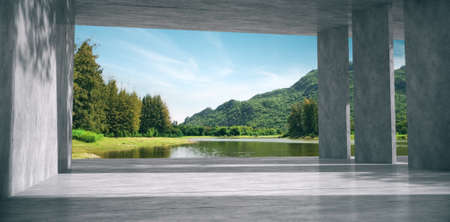 Empty space for products show in concrete hallway with park background.3D rendering.