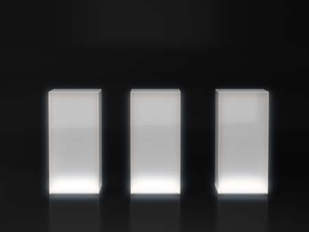 White pedestal with white light glow on dark background, blank product stand. 3D rendering.の写真素材