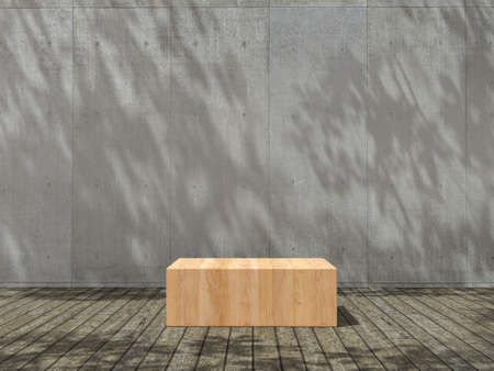 Wooden pedestal for display,Platform for design,Blank product stand  with trees shadow on the wall...