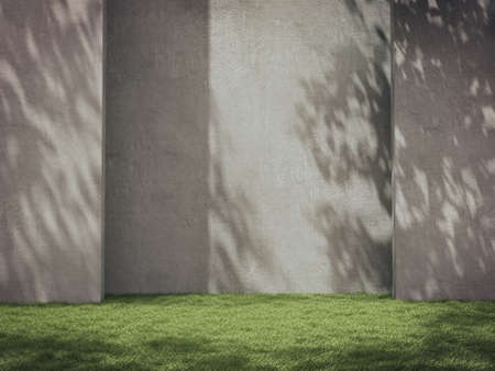 Empty space for  product show, lawn and Trees shadow on the wall .3D rendering.の写真素材