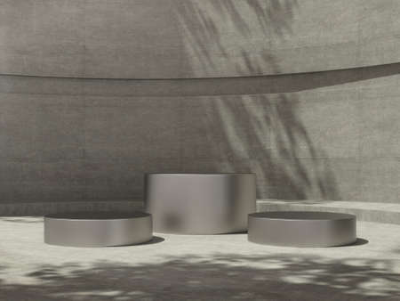 Metal pedestal for display,Platform for design,Blank product in the white room with Tree shadow on...