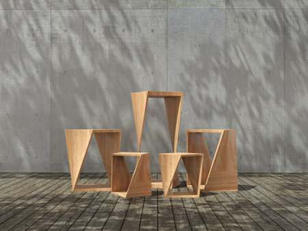Wooden pedestal for display,Platform for design,Blank product stand  with trees shadow on the wall .3D rendering.の写真素材