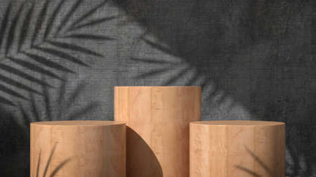 Wooden pedestal display stand for product show with trees shadow on concrete wall. 3D rendering.の写真素材