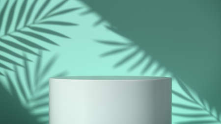 White pedestal display stand for product show with trees shadow on wall. 3D rendering.の写真素材
