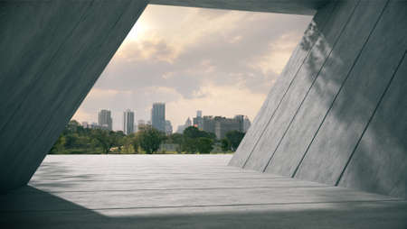 Space for products is shown in the concrete hallway with a park background.3D rendering.