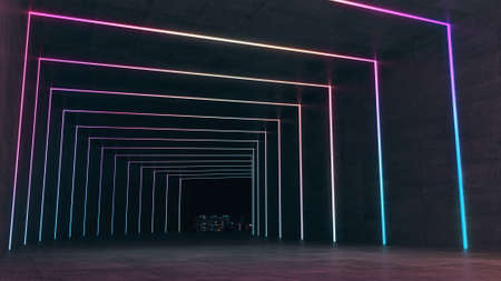 space for product showcase in the corridor with colorful LED light.3D rendering.の写真素材