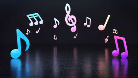 The platform for the product is a showcase in the dark background with a colourful musical note.3D...