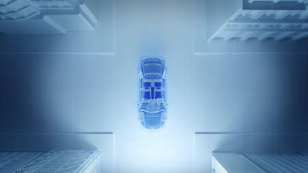 Translucent car with wireframe on the model in the dark city background.3d rendering.