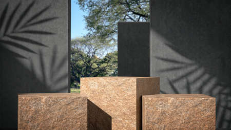 Pedestal granite stone for product show with concrete wall and the garden background.