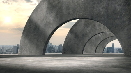 Space for products showcases in the concrete hallway with the city in the evening background.3d...