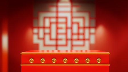 pedestal for product showcase in the room with a Chinese pattern on the wall.の写真素材