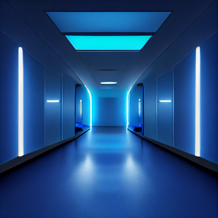 The long corridor with light glow, futuristic style ai generatedの素材