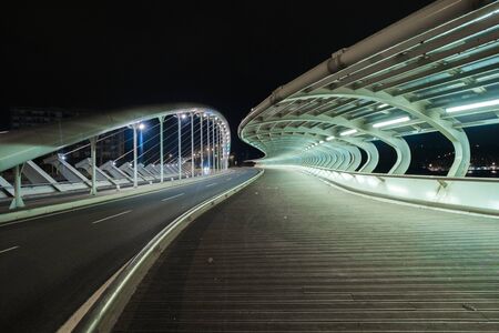 bridge with tubular structure, illuminated without people