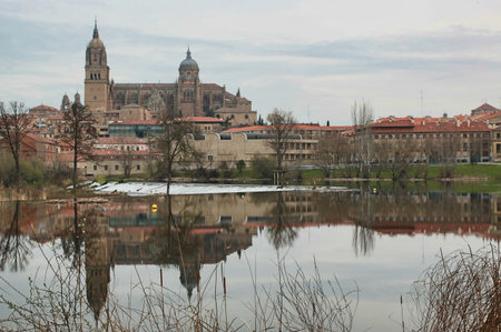 Salamanca Cathedral Reflection in Tormes River: Panoramic view of the New and Old Cathedrals of Salamanca with their reflection in the calm waters of the Tormes river.の写真素材