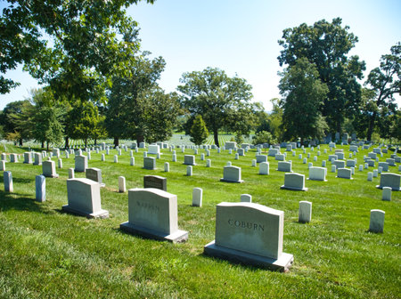 Arlington National Cemetery Grave Markers - Rows of white gravestones on a green lawn at Arlington National Cemetery on a sunny day.の写真素材
