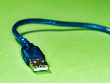 Blue USB cable on a vibrant green background - A single, blue USB Type-A cable with a gold-colored...