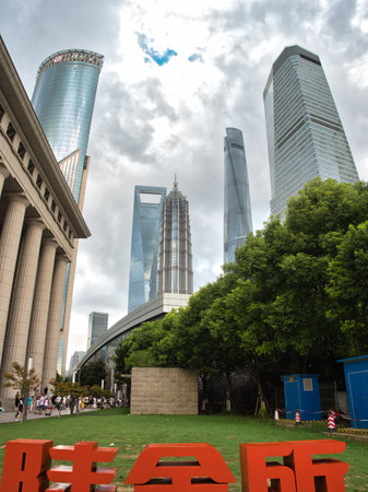 Shanghai Financial Skyscrapers from a Low Angle - A dramatic low-angle shot of modern skyscrapers in...