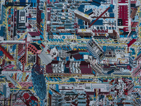 A highly detailed and abstract textile or tapestry depicting a dense, complex, and vibrant cityscape...