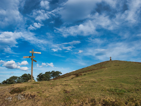 Trail Signs on a Grassy Hill - A wooden trail signpost stands on a grassy, sunlit hill with a rocky...