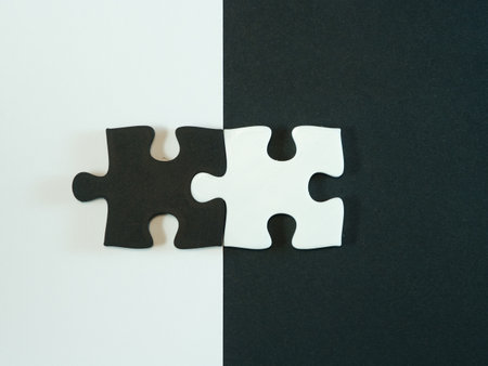 Black and White Puzzle Connection - Two interlocking black and white puzzle pieces on a contrasting background, symbolizing connection, duality, unity, and problem-solving.の写真素材