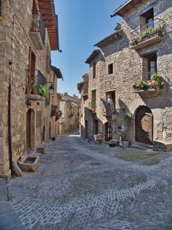 Sunlit Medieval Cobblestone Village Street - Ancient narrow stone street and traditional mountain houses with wooden balconies and flowerpots under a bright, clear blue sky.の写真素材