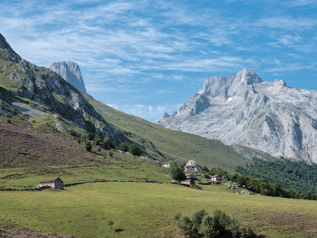 Picos de Europa Mountain Range with Green Pastures - Panoramic view of the towering, gray limestone peaks of the Picos de Europa under a dramatic blue sky with sweeping cirrus clouds over rolling green meadows.の写真素材