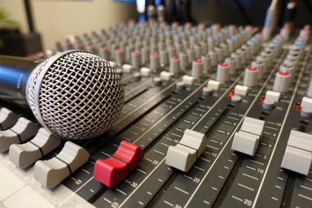 Dynamic close-up of a microphone on an audio mixing console - Professional sound engineering equipment used for live music, podcasting, broadcasting, or studio recording sessions.の写真素材