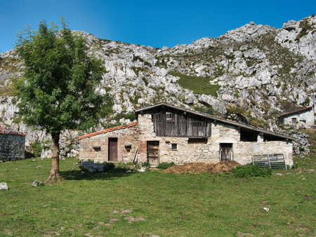 Rustic stone mountain hut ('majada') with a wooden upper level and tiled roof - Traditional rural building set against a rugged, rocky limestone mountainside under a blue sky.の写真素材