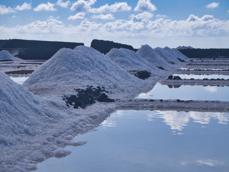 Salt mounds and pink evaporation ponds by the sea - Piles of white sea salt and pink-hued evaporation ponds (salinas) stretching out to the Atlantic Ocean under a cloudy blue sky in La Palma.の写真素材