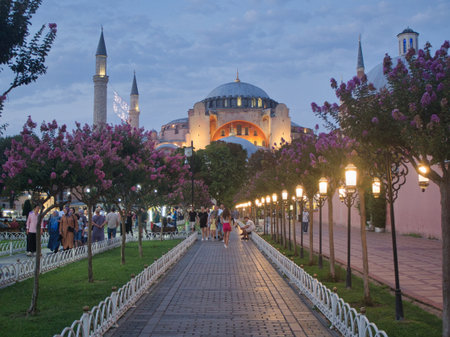 Illuminated Path to Hagia Sophia Dome - Illuminated Hagia Sophia seen in long perspective from a tree-lined pathway with glowing streetlights at twilight in historic Istanbul, Turkey.の写真素材