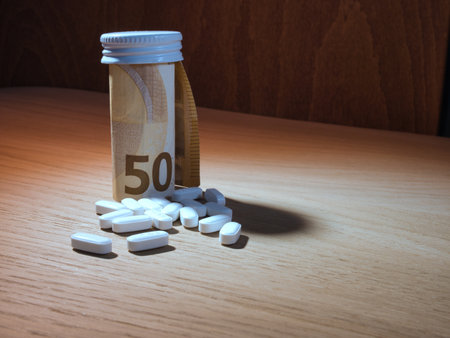 Medicine Costs: 50 Euro Banknote and Pills - A visual metaphor for the financial burden of medication. A 50 Euro banknote circles a pill bottle, surrounded by white oval tablets on wood.の写真素材
