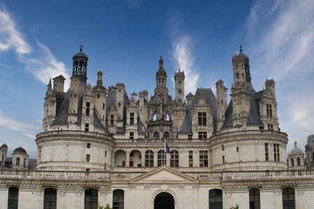 Grand Facade of ChÃ¢teau de Chambord - Wide, symmetrical view of the grand Renaissance facade and ornate rooftop of the iconic ChÃ¢teau de Chambord in the Loire Valley.の写真素材