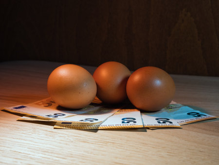 Eggs and Money: Euro Value - Three brown eggs rest on 50 Euro banknotes on a wooden table. Symbolizes food costs, economy, and European market value.の写真素材
