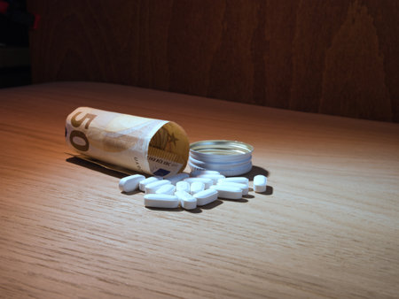 Pills and Euro: Cost of Medicine - White pills spilling from a rolled 50 Euro banknote next to a pill bottle cap on a wooden table, symbolizing the high cost of healthcare and medication.の写真素材