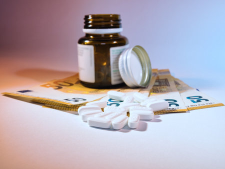 Pharmaceutical Costs: Pills & Currency - Pills from a medicine bottle with banknotes, symbolizing the high cost of medication and healthcare expenses. Healthcare economics concept.の写真素材
